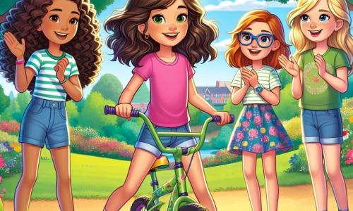 Em um parque ensolarado, quatro meninas de sete anos estão juntas, cercadas por verde e flores coloridas. **Sofia** é uma menina de cabelos castanhos e cacheados, usando uma camiseta rosa e um short jeans, um pouco hesitante, mas determinada para andar de bicicleta. **Ana**, com cabelos loiros e lisos presos em duas tranças, veste um vestido azul de bolinhas e sorri encorajadora para Sofia, pronta para ajudar. **Beatriz**, com cabelos castanhos e ondulados, usa uma camiseta verde e um short, aplaudindo entusiasticamente à esquerda de Sofia. **Clara**, com cabelos ruivos e óculos, veste uma camiseta amarela e uma saia florida, posicionando-se atrás de Sofia, pronta para apoiá-la com um ar confiante. O parque é repleto de árvores majestosas, flores vibrantes e um caminho de cascalho que serpenteia pela grama verde. No fundo, um céu azul claro com algumas nuvens brancas é visível. A cena principal mostra Sofia na bicicleta, se preparando para pedalar sem as rodinhas, enquanto suas amigas a encorajam com sorrisos e gritos de alegria, ilustrando confiança e espírito de equipe.