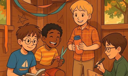 There are 4 children: Milo, an 11-year-old boy with messy brown hair and round glasses, sitting cross-legged on the floor of the shed, holding a notebook; Hassan, also 11, with curly black hair, squatting next to Milo, laughing while holding a pair of colorful scissors; Jamie, 11, with smooth blonde hair, standing and holding a fox-shaped thermos, smiling at his friends; and Leo, 11, with brown hair and rectangular glasses, sitting against the shed wall, drawing stars on a piece of wood with a marker. The setting is a wooden shed perched in a large maple tree, surrounded by green and golden leaves, with sunlight filtering through the wood, illuminating colorful paper, scissors, and ribbons. The walls are decorated with drawings of stars and boats, and a small bicycle bell shines on a shelf. The main situation shows the children preparing a small birthday ceremony, surrounded by colorful ribbons and cookies, laughing and exchanging sweet words, each holding a ribbon, ready to celebrate their friendship with simple and joyful gestures.