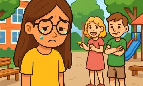 Een 10-jarig meisje, Sanne, met lange bruine haren en ronde bril, staat in het midden van een schoolplein. Haar gezicht is getekend door verdriet, met tranen in haar ogen en een kwetsbare uitdrukking. Ze draagt een felgele t-shirt en blauwe jeans, maar haar blik is verloren, gericht op de grond. In de buurt maken twee kinderen, Lisa en Tim, beide 11 jaar, zich belachelijk om haar. Lisa heeft blond, krullend haar, draagt een roze jurk en glimlacht spottend. Tim, met kastanjebruin haar en een groene t-shirt, heeft zijn armen gekruist en toont een sarcastische glimlach. Ze staan iets op afstand, fluisterend en lachend naar elkaar, met hun ogen op Sanne gericht. De scène speelt zich af op een zonnig schoolplein, omringd door grote groene bomen en speeltoestellen. De situatie toont Sanne, geïsoleerd en verdrietig, terwijl Lisa en Tim haar uitlachen, wat een sfeer van pesten creëert. De felle kleuren van het plein contrasteren met Sanne's sombere emoties, wat haar gevoel van eenzaamheid benadrukt.