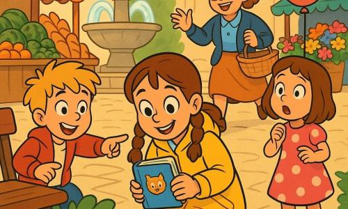 An 8-year-old girl, joyful and focused with brown hair in two braids and a bright yellow raincoat, holds a small blue notebook with a cat sticker and crouches to look at a partially hidden notebook in a bush; her 8-year-old friend, a smiling blond boy in a red jacket, points toward the bush from her left, and their 7-year-old friend Zoey in a pink polka-dot dress stands slightly behind on the right holding a colorful balloon, while Mrs. Jeannie, a relieved librarian in her 40s with round glasses and a wicker basket, runs toward them; the scene is a sunny village market with colorful stalls, bread, flowers, a central stone fountain and light bunting, capturing a happy discovery with warm, saturated colors and clear, rounded lines.