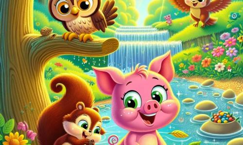 A small pink pig named Percy, with a joyful smile and sparkling curious eyes, stands at the edge of a shimmering river, his feet in the water. Next to him, Benny, a brown-feathered owl with large round eyes, perches on a branch, watching Percy wisely. Lila, a squirrel with reddish fur and a bushy tail, climbs a tree, holding seeds in her tiny paws, ready to plant them. The setting is a lush forest bathed in golden light, with colorful flowers dancing in the wind and sunlight filtering through the leaves. The scene shows Percy and his friends enthusiastically working together to clean the river and plant flowers, filled with joy and energy, ready to revive their forest.