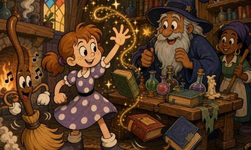 A mischievous 10-year-old girl with a round freckled face, light brown pigtails, bright wide eyes and a playful smile raises her hand to cast a polite spell in a cozy wizard's cottage; an elderly male wizard named Fiddlesticks with long graying beard and battered pointed hat stands behind a cluttered table, amused and holding a wand; a small white teacup with a gilded rim floats nearby, smiling and bowing its handle, while a brown broom sweeps with exaggerated, musical motions; warped shelves of colorful jars and dusty books, a crooked fireplace puffing spiral smoke, a worn rug and dented wooden table are lit by warm orange stained-glass light; the joyful, rubber-hose–style scene centers on the girl and the floating teacup as objects politely rise and bow after she adds “please” to the spell.