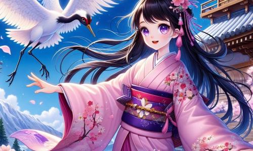Yuki, a young girl of about 12 years old with long, shiny black hair, stands atop Mount Kumo. She wears a traditional pink silk kimono adorned with cherry blossom patterns, her face glowing with wonder and determination. Her sparkling eyes are filled with curiosity as she reaches out to the wind, listening to the whispers of spirits. Beside her, Tsuru, a majestic crane spirit, soars gracefully in the air. With bright white feathers and wise eyes, she spreads her wings as if guiding Yuki towards the truth. The enchanting landscape features a deep blue sky above them, with light clouds floating gently. In the background, an ancient temple with weathered wooden walls stands majestically, surrounded by blooming cherry trees whose petals fall like snow. The main scene shows Yuki at the mountain's peak, ready to listen to the secrets of the winds, while Tsuru encourages her kindly, creating a magical atmosphere full of promise.