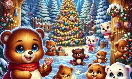 An illustration depicts a young teddy bear with chocolate-brown fur and curious, bright eyes, wearing a red scarf. It expresses immense joy as it discovers a sparkling silver key in a wooden box adorned with snowflake patterns. Nearby, a group of young bears in various shades of brown and white are playing together. One bear, a white female with blue eyes, smiles enthusiastically while playing a party game, while another young bear with caramel fur laughs heartily, holding a candy garland. The main setting is an enchanted forest, illuminated by twinkling lights hanging from snow-covered tree branches. A large Christmas tree stands at the center, decorated with colorful baubles and sparkling garlands, as snowflakes gently fall around. The scene captures the young bear discovering the magic of friendship by joining its new friends in a joyful Christmas celebration filled with laughter and games. Other graphic elements include tables laden with festive treats, colorful toys scattered around, and bright stars in a night sky, adding a warm and festive atmosphere to the scene.