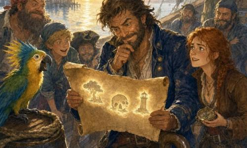 A smiling, mischievous Captain Bram Tidewell, sun‑weathered tobacco complexion and bristly beard, in a worn navy coat smelling of salt, holds an open rolled parchment map over a wooden chest and studies it with a slight curious frown; the same captain, about 40, stands center leaning on a wooden hook, confident yet alert; a small lively parrot Pickle (green, yellow, blue) perches on a barrel left, squawking "Wink!"; a young female crew member (~25) with braided red hair and a brown jacket stands just behind to the right holding a compass, worried but excited; scene on the wooden deck of the ship Mop-Top Mermaid with aged planks, ropes and barrels, a sparkling sea and dark quay in the background, soft golden morning light; the captain has found a slightly blinking magical map marked with three glowing symbols (jagged cloud, sleeping skull, lighthouse with a hat), the crew gathers in an adventurous, whimsical mood — watercolor render with grainy texture and pastel colors.
