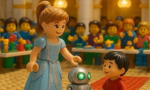 Cinderella (girl, ~16) smiles shyly but proudly, light brown hair in a ponytail, wearing a pale blue and silver dress made of recycled pieces, holding the metallic hand of her glowing robot as they move forward; Lumi the robot (non-human), small and round with shiny sheet-metal body, green LED eyes and visible wheels, helps a child and emits a soft glow; a little boy (~7) with flushed cheeks and short black hair sits on the ground in front of the contest booth with one leg bandaged in red bricks, looking at Cinderella with gratitude; the contest crowd consists of varied LEGO characters (kids 8–14) standing in the background, some clapping, others showing colorful inventions on tables; the palace turned fairground is built of gold and white bricks with large columns, multicolored banners, a red brick carpet leading to a stage and hanging translucent-piece lamps; main scene: Cinderella and Lumi stand on the red carpet before the crowd as Lumi helps the boy and everyone watches in wonder, warm lighting, strong contrasts, textured brick details, bright colors and simple shapes for a playful, joyful look.