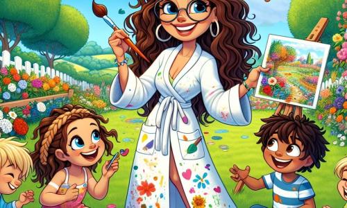 Una donna di nome Sofia, di circa trent'anni, con lunghi capelli ricci castani, sorridente e piena di vita, si trova al centro del suo giardino soleggiato, tenendo un grande pennello colorato. Indossa una camicia bianca macchiata di vernice, e il suo viso irradia gioia e creatività mentre dipinge un magnifico paesaggio su una tela. Intorno a lei ci sono tre bambini: un ragazzo di 8 anni con capelli biondi disordinati, che guarda con meraviglia la tela, una ragazza di 7 anni con capelli castani intrecciati, che tiene un foglio di carta e delle forbici, pronta a creare le sue forme, e un altro ragazzo di 9 anni, con occhiali rotondi, che ride mostrando una forma che ha ritagliato. Sono tutti seduti sull'erba verde, circondati da fiori colorati e farfalle svolazzanti. Il luogo è un giardino vibrante, pieno di fiori dai colori vivaci, grandi alberi con foglie lussureggianti e un cielo azzurro chiaro punteggiato di nuvole bianche e soffici. La scena principale mostra Sofia mentre condivide la sua passione per l'arte con i bambini, insegnando loro come usare i colori e le forme per creare opere magiche, mentre ridono e si divertono insieme in un ambiente incantevole.