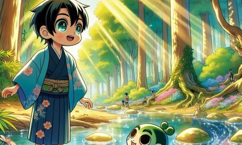 Haruki, un joven de 12 años con cabello negro y ojos llenos de curiosidad, está de pie sobre una roca al borde de un arroyo de aguas cristalinas. Lleva un kimono tradicional azul con motivos de flores de cerezo, y su rostro expresa una determinación alegre mientras observa atentamente el paisaje. A su lado, Kaito, un pequeño Kappa de ojos redondos y piel verde, emerge del agua, con su concha brillante en la cabeza reflejando la luz del sol. Kaito sonríe con amabilidad, listo para guiar a Haruki en su búsqueda. El lugar es una hermosa claridad rodeada de grandes árboles con hojas exuberantes, con rayos de sol filtrándose a través de las ramas, iluminando el suelo cubierto de flores coloridas. El arroyo serpentea pacíficamente, creando una atmósfera mágica y serena. En esta escena, Haruki y Kaito se preparan para comenzar su aventura, mientras el joven, lleno de entusiasmo, escucha atentamente las palabras del Kappa, que le habla sobre los desafíos que deberá enfrentar para descubrir la verdad.