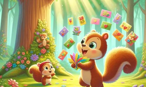 Un piccolo scoiattolo dal pelo marrone morbido come il cotone, con grandi occhi brillanti, sta saltando gioiosamente verso un grande albero. Tiene tra le sue piccole zampe delle carte colorate fatte di foglie e noci, mostrando un ampio sorriso pieno di eccitazione e amore. Accanto a lui, una mamma scoiattolo, con una pelliccia leggermente più chiara e occhi dolci, guarda il suo piccolo con tenerezza, il cuore colmo di gioia. Si trova vicino all'albero, pronta ad accogliere il suo bambino con un sorriso caloroso. Il contesto si svolge in una foresta incantata, dove i raggi del sole filtrano attraverso le foglie verdi, creando motivi luminosi sul terreno coperto di muschio. Fiori colorati punteggiano il paesaggio, aggiungendo un tocco di magia all'ambiente. La scena principale mostra il piccolo scoiattolo che, con entusiasmo, offre le sue carte fatte a mano alla mamma, celebrando la festa della mamma con amore e creatività, in un'atmosfera gioiosa e festosa.