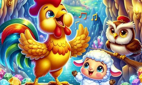 Un gallo dalle piume dorate e brillanti, con uno sguardo determinato e gioioso, canta con entusiasmo al centro di una caverna magica, circondato da tesori scintillanti. Accanto a lui, una dolce pecorella bianca di nome Lalla, con grandi occhi curiosi, lo incoraggia sorridendo, mentre un saggio gufo dalle piume brune, posato su una pietra, osserva la scena con aria riflessiva. La caverna è illuminata da cristalli colorati che proiettano riflessi cangianti sulle pareti, creando un'atmosfera incantata. In questa situazione principale, il gallo e i suoi amici hanno appena scoperto un tesoro nascosto, celebrando la loro amicizia e il loro coraggio dopo aver superato insieme una prova.