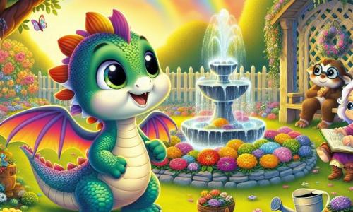 Een kleine draak met glinsterende schubben in alle kleuren van de regenboog, met grote nieuwsgierige ogen en een warme glimlach, staat in het midden van een betoverende tuin. Hij kijkt enthousiast naar een prachtige fontein omringd door bloeiende bloemen, met zijn vleugels uitgespreid, klaar om op te stijgen. Naast hem glimlacht een mama-draak met zachtroze schubben en liefdevolle ogen terwijl ze de bloemen water geeft met een gieter. Een papa-draak met groene schubben en ronde bril kijkt trots naar de scène, zittend op een houten bank met een boek in de hand, maar met zijn blik op zijn gezin gericht. De tuin is een magische plek, vol kleurrijke bloemen, fladderende vlinders en een zachte gouden gloed van de ondergang. De fontein, van gladde steen, spettert zachtjes en creëert een rustgevende melodie. De hoofdscène toont de kleine draak en zijn ouders verenigd, die hun nieuw ingerichte tuin vieren, hun ideeën en lachen verenigend, wat de harmonie en de familieliefde illustreert.