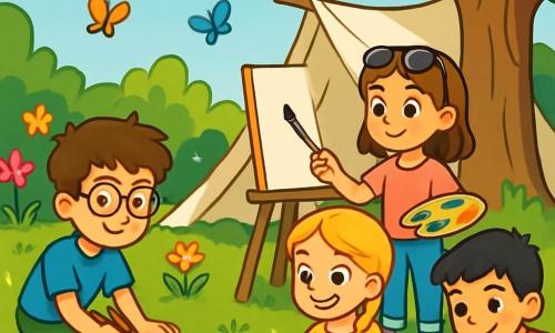 Hay 4 niños: - Martín: un chico de 10 años, con cabello castaño desordenado y gafas redondas. Lleva una camiseta azul y un pantalón corto verde, y está dibujando un cohete en una gran hoja de papel. - Lucía: una niña de 8 años, con largos cabellos rubios trenzados y una sonrisa brillante. Lleva un vestido amarillo con flores y está sentada en la hierba, rodeada de pinturas, decorando una piedra. - Claudia: una niña de 9 años, con cabello castaño y gafas de sol en la cabeza. Lleva una camiseta rosa y jeans, y está de pie, sosteniendo una paleta de pintura, lista para pintar un lienzo. - Hugo: un chico de 9 años, con cabello negro y pecas en la cara. Lleva una camiseta roja y un pantalón corto azul, y está agachado, buscando materiales para construir una cabaña bajo un gran árbol. El lugar es un jardín soleado, lleno de flores coloridas y árboles majestuosos. En el centro, un gran árbol ofrece sombra, con ramas bajas donde los niños han colgado sábanas para crear su cabaña. La hierba es verde y fresca, y mariposas vuelan alrededor, añadiendo magia a la atmósfera. La situación principal muestra a los niños trabajando juntos, riendo y divirtiéndose, cada uno involucrado en su actividad creativa, llenos de energía y entusiasmo por su proyecto de verano.
