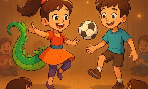 Luma, una joven con una cola de dragón verde brillante, baila con entusiasmo en el centro de un escenario de madera, su cola girando graciosamente a su alrededor. Lleva un traje colorido y sus ojos brillan de alegría. A su lado, Tomás, un chico sonriente con el cabello castaño despeinado, hace malabares hábilmente con un balón de fútbol, su rostro expresando concentración y diversión. Están rodeados por un público de niños sentados en círculo, aplaudiendo con admiración. El escenario está decorado con guirnaldas multicolores y luces centelleantes, creando una atmósfera festiva y acogedora.