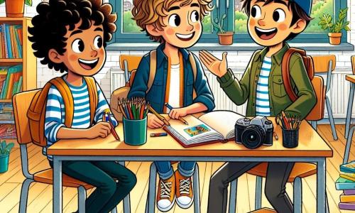 En un aula luminosa, tres amigos se reúnen alrededor de una gran mesa de madera. Mateo, un niño de nueve años con cabello rizado y una gran sonrisa, está sentado en una silla, sosteniendo una libreta abierta con lápices de colores. Lucas, un niño de nueve años, alto y un poco tímido, está de pie al lado de Mateo, sosteniendo una cámara y sonriendo, listo para capturar momentos. Diego, un niño de nueve años, lleno de energía con cabello corto y una gorra, está de pie frente a ellos, gesticulando con entusiasmo mientras cuenta una idea para su proyecto. El aula está decorada con dibujos coloridos en las paredes, con ventanas que dejan entrar la luz del sol y plantas verdes en los alféizares. Los tres amigos trabajan juntos en su proyecto de revista escolar, rodeados de hojas esparcidas, lápices y libros, mientras discuten y ríen, ilustrando el espíritu de colaboración y amistad.