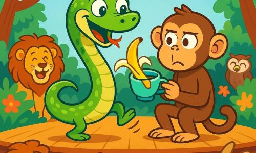 Un serpente di nome Serpicino, con un corpo verde brillante e squame scintillanti, si trova felicemente sul palco, i suoi occhi brillano di malizia e un ampio sorriso sul volto. Danza con energia, le sue piccole gambe colorate fanno movimenti divertenti. Accanto a lui, una scimmia seria, con il pelo marrone e uno sguardo divertito, tiene una tazza di tè, sorpresa dal comportamento esilarante di Serpicino. Sullo sfondo, una foresta lussureggiante con alberi dalle foglie verdi vivaci e fiori colorati circonda il palco, mentre un gruppo di animali, come un maestoso leone e un gufo saggio, applaude e ride. La scena principale mostra Serpicino mentre fa uno scherzo, offrendo una banana alla scimmia, che cade nella sua tazza, provocando un'esplosione di risate nel pubblico.