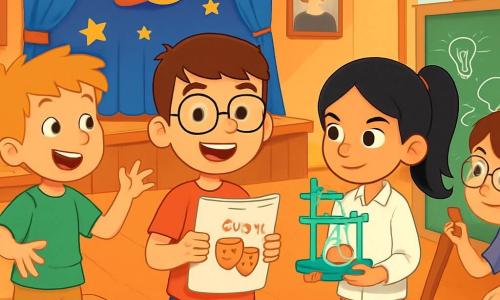 Hay 4 niños: - Jaime: un niño de 10 años con cabello castaño y gafas redondas. Lleva una camiseta roja y un pantalón corto azul. Está de pie en el centro, sosteniendo un guion de teatro en sus manos, con una gran sonrisa en el rostro. - Lucas: un niño de 10 años con cabello rubio despeinado. Lleva una camiseta verde y un pantalón beige. Se encuentra a la izquierda de Jaime, haciendo un gesto entusiasta con los brazos, como si estuviera explicando algo. - Sara: una niña de 9 años con cabello largo y negro, atado en una coleta. Lleva una blusa blanca y un pantalón rosa. Está a la derecha de Jaime, sosteniendo una pequeña maqueta de laboratorio, con una mirada decidida. - Paula: una niña de 9 años con cabello castaño y gafas. Lleva una camiseta violeta y una falda de flores. Está un poco detrás, dibujando ideas en una pizarra, con una expresión concentrada. El lugar es un aula colorida, con carteles de científicos famosos en las paredes. Los pupitres de madera están dispuestos en semicírculo, y al fondo, hay un escenario decorado con estrellas y planetas de papel. La luz del sol entra por las ventanas, creando un ambiente cálido y acogedor. La situación principal muestra a los niños ensayando su obra de teatro sobre inventores e inventoras. Todos están animados, intercambiando ideas y riendo juntos, ilustrando la importancia de la igualdad de género en un entorno alegre y colaborativo.