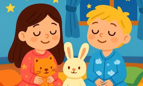Hay 3 personajes: - Sofía: una niña de 5 años con largos cabellos castaños y ojos brillantes, lleva un pijama rosa con estrellas. Está sentada en el suelo con las piernas cruzadas, sosteniendo un peluche en forma de gato. - Tomás: un niño de 6 años con el cabello rubio despeinado y una sonrisa radiante, lleva un pijama azul con nubes. Está al lado de Sofía, con los ojos cerrados, respirando profundamente. - Luna: un peluche en forma de conejo, suave y esponjoso, con grandes orejas y una pequeña nariz rosa, está acurrucada entre Sofía y Tomás, aportando ternura a la escena. El lugar es una habitación acogedora, con paredes pintadas de azul claro y estrellas doradas que brillan en el techo. Una gran alfombra suave cubre el suelo, y una suave luz de luna filtra a través de las cortinas ligeras. Hay cojines de colores esparcidos por el área, creando un rincón acogedor. La situación principal muestra a los niños sentados juntos, con los ojos cerrados, respirando lentamente como pequeños gatitos. Se percibe una atmósfera tranquila y serena, llena de dulzura y calma, mientras se dejan llevar por el sueño.