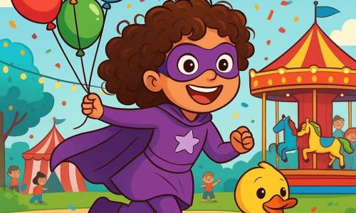 Super-Lila, ein Mädchen mit lockigem, glänzendem Haar, trägt ein lila Superheldenkostüm mit einem wehenden Umhang. Sie hat ein großes, fröhliches Lächeln und funkelnde Augen vor Aufregung, während sie energisch auf eine Gruppe bunter Ballons zuläuft. An ihrer Seite ist die süße Ente, ein kleiner Zuckerstangen, gelb mit einem leuchtend orangefarbenen Schnabel, die Lila bewundernd ansieht und bereit ist, sie auf ihren Abenteuern zu begleiten. Im Hintergrund ist ein wunderschöner Vergnügungspark mit glitzernden Laternen dekoriert, bunten Fahrgeschäften und lachenden Kindern. Die Szene zeigt Super-Lila, die fröhlich auf das Karussell zuläuft, während eine Gruppe von Ballons in den Himmel aufsteigt und Konfetti um sie herum fällt, was eine festliche und magische Atmosphäre schafft.