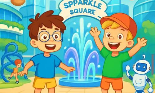 There are 2 main characters: Max, a 10-year-old boy with messy brown hair and round glasses, wearing a bright blue t-shirt and yellow shorts, smiling excitedly on his hoverboard; and Leo, also a 10-year-old boy with blond hair and sparkling eyes, wearing a red cap and green t-shirt, next to Max on his hoverboard, raising his arms in joy. The main setting is Sparkle Square, a large futuristic plaza surrounded by shimmering glass buildings, with hanging gardens and dancing light fountains to the rhythm of music. Drones fly overhead delivering colorful fruits while children play around spiral-shaped structures. The main situation shows Max and Leo, excited and ready to discover the city's latest inventions, surrounded by bright lights and friendly robots greeting them.