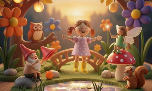 A joyful 4-year-old girl with light-brown pigtails in a pink polka-dot dress and rubber boots floats slightly above the ground as if just beginning to fly, arms out and smiling; a mischievous little fairy with iridescent translucent wings and a shiny green dress perches on a red-and-white polka-dot mushroom to the girl's right, waving a sparkling wand; a round bearded gnome in a slightly crumpled red pointed hat sits on a stone by a pond, laughing and applauding while holding his hat; toy animals—a wooden owl on a branch, a hopping rabbit and a curious squirrel—smile and face the scene; the setting is a miniature enchanted garden with brightly painted oversized wooden flowers, arched wooden bridges, a mirror-like pond with pearly reflections, trees with golden leaves and glowing fruit; an evening magical celebration as the girl discovers she can fly thanks to a glowing fruit, warm sunset lighting, saturated colors, visible wood textures, childlike hand-painted wooden toy style, clear central composition with a slightly blurred background to emphasize the girl and her friends.