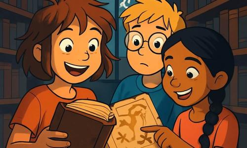 A 12-year-old girl, Olivia, with messy brown hair and sparkling curious eyes, holds an old leather book in her hands, her face lit up with excitement and wonder. Next to her, Max, a 12-year-old boy with round glasses and tousled blonde hair, looks at a mysterious map with an intrigued expression, while Priya, an 11-year-old girl with braided black hair and a mischievous smile, points to an illustration on the parchment. They are in the historical section of an ancient library, surrounded by tall dark wooden shelves filled with dusty books, as beams of light filter through the windows, creating a mysterious atmosphere. The main scene shows Olivia discovering a hidden secret, with flashes illuminating the sky outside, adding a touch of adventure to their quest.
