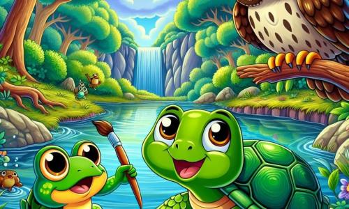 Im Mittelpunkt des Bildes steht Timmy, eine kleine grüne Schildkröte mit einem glänzenden Panzer und neugierigen Augen, die fasziniert vor einem wunderschönen Teich im Wald steht. Er lächelt breit, die Vorderbeine leicht erhoben, als ob er bereit wäre, in das Abenteuer einzutauchen. Rechts von ihm springt Fips, ein kleiner, farbenfroher Frosch mit grüner Haut und gelben Flecken, fröhlich auf einem Stein, sein Gesicht strahlt vor Aufregung. Er hält eine Malpalette aus Blättern und Blumen, bereit, die Schönheit der Landschaft festzuhalten. Links sitzt Ella, eine weise Eule mit großen runden Augen und braunen Federn, auf einem Ast und beobachtet aufmerksam die beiden Freunde. Sie hat einen konzentrierten Ausdruck und hält ein Notizbuch in ihren Krallen, bereit, ihre Entdeckungen aufzuschreiben. Der Ort ist eine geheime Ecke des Waldes, umgeben von majestätischen Bäumen mit grünen Blättern und bunten Blumen am Ufer des Teichs. Die Sonne scheint durch die Äste und erzeugt funkelnde Reflexionen auf dem klaren, ruhigen Wasser. Die Hauptsituation zeigt Timmy und seine Freunde, die diesen magischen Ort entdecken, fasziniert von der Schönheit der Natur, bereit zu erkunden und gemeinsam zu kreativ zu sein, was den Geist von Abenteuer und Freundschaft im Sommer symbolisiert.