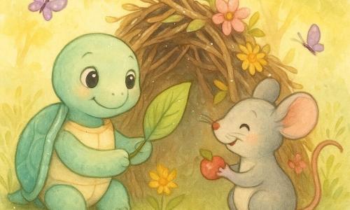 La tartaruga protagonista è piccola con carapace liscio color verde acqua e tocchi crema, occhi grandi e luminosi, espressione dolce e sorridente, seduta mentre offre una foglia fresca; il topolino secondario è grigio con orecchie rotonde e baffi sottili, sorriso gioioso, seduto accanto a lei con una bacca rossa nelle zampe, lo sguardo verso l'amica; la mini-casetta è fatta di rametti, foglie bruno chiaro e petali colorati, decorata con fiori selvatici rosa e gialli; la scena è un prato mattutino con qualche margheritina e farfalle viola, luce dorata che filtra da un boschetto sullo sfondo; situazione: i due amici costruiscono e decorano una piccola casa sotto un cespuglio, momento tenero e collaborativo, atmosfera calda e pacifica, composizione centrata sui personaggi, prospettiva ravvicinata, forme arrotondate e palette pastello.