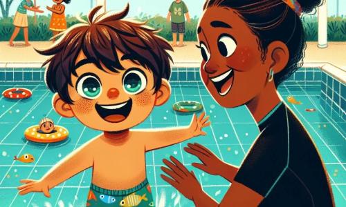 Um garotinho de 2 anos, chamado Tomás, com cabelos castanhos bagunçados e olhos brilhantes de curiosidade, nada alegremente em uma piscina. Ele usa um maiô colorido com estampas de peixes e um sorriso radiante no rosto, demonstrando sua alegria e empolgação. Ao lado dele, a treinadora Dona Clara, uma mulher de cerca de 30 anos com cabelos castanhos presos em um coque e usando um maiô preto, o encoraja com um grande sorriso. Ela está à beira da piscina, com os braços abertos, pronta para ajudá-lo. A piscina é cercada por azulejos azul claro, com boias coloridas flutuando na superfície da água e crianças brincando ao fundo sob um céu ensolarado. Nesta cena, Tomás nada corajosamente em direção a uma grande boia em forma de peixe, determinado e feliz, enquanto Dona Clara o incentiva com entusiasmo, criando uma atmosfera alegre e dinâmica.