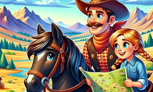Cowboy Jacek, mężczyzna w wieku około trzydziestu lat, uśmiechnięty i zdeterminowany, nosi brązowy kapelusz kowbojski i czerwoną koszulę w kratę. Siedzi na swoim pięknym czarnym koniu Kapeluszu i z ekscytacją patrzy na horyzont. Obok niego stoi dziesięcioletnia dziewczynka Mia z warkoczami blond włosów, ubrana w dżinsową sukienkę, obserwująca mapę skarbów z błyskiem przygody w oczach. Krajobraz jest rozległy, z złotymi wzgórzami pod jasnoniebieskim niebem, usianym białymi, puszystymi chmurami. W oddali wznoszą się majestatyczne góry, a błyszcząca rzeka wiję się przez dolinę. Jacek i Mia przygotowują się do poszukiwania ukrytego skarbu, gotowi na wielką przygodę pełną niespodzianek.