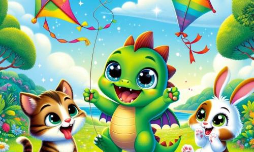 Un mic dragon verde și zglobiu numit Dimi, cu ochi mari și strălucitori și un zâmbet fericit, trage un zmeu colorat care zboară pe cerul albastru. Lângă el, Mia, o cățelușă jucăușă cu blană brună și urechi lăsate, sare de bucurie, cu limba scoasă, ținând o panglică roșie. Leo, o pisicuță curioasă cu blană dungată și ochi strălucitori, observă zmeul cu uimire, așezată pe o piatră, în timp ce Pufi, un iepuraș pufoșel cu urechi mari și blană albă, aplaudă sărind pe iarba verde. Scena are loc într-o pădure fermecată, plină de copaci măreți cu frunze strălucitoare, flori colorate și un cer însorit presărat cu nori pufoși. În centrul imaginii, Dimi și prietenii săi se distrează zburând cu zmeul, care plutește vesel în aer, în timp ce râsetele și bucuria răsună în jurul lor.