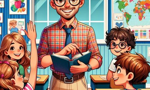 Um professor, o Sr. Tiago, um homem de cerca de quarenta anos com cabelos castanhos levemente grisalhos e óculos redondos, sorri calorosamente. Ele usa uma camisa xadrez colorida e uma calça bege, segurando um livro aberto em uma mão, cercado por seus alunos. Ana, uma menina de 9 anos com cabelos longos e cacheados, está sentada no chão, com os olhos brilhando de excitação, levantando a mão para fazer uma pergunta. Pedro, um menino de 8 anos com óculos e uma camiseta de super-herói, está de pé ao lado dela, segurando uma folha de papel com anotações. A cena acontece em uma sala de aula iluminada, decorada com desenhos coloridos nas paredes e mapas do mundo. As carteiras de madeira estão dispostas em círculo, criando uma atmosfera amigável e acolhedora. O Sr. Tiago explica com entusiasmo as atividades do dia, enquanto as crianças o ouvem atentamente, ansiosas para participar da caça ao tesouro e da peça de teatro.