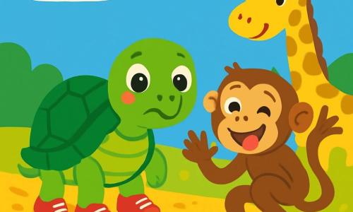 Uma pequena tartaruga chamada Tina, com uma carapaça verde brilhante e olhos cintilantes de alegria, está na linha de partida de uma corrida. Ela usa tênis vermelhos que contrastam com seu corpo. Ao lado dela, o macaco Zico, um macaco travesso com pelagem marrom e uma longa cauda, faz caretas para incentivar Tina. Mais adiante, a girafa Lili, com seu longo pescoço e chapéu colorido, observa a corrida com um sorriso divertido. O chão está coberto de folhas douradas e o céu é azul com algumas nuvens brancas. No centro desta cena alegre, Tina se prepara para correr, seu rosto expressando tanto excitação quanto um pouco de apreensão, enquanto seus amigos a incentivam com entusiasmo.