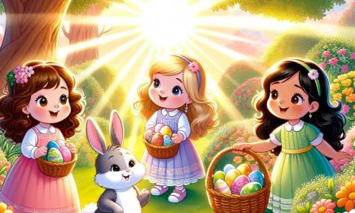 Quatro meninas, Ana (8 anos, cabelos castanhos e cacheados, vestindo um vestido rosa), Bia (7 anos, cabelos loiros e lisos, usando uma túnica azul), Lú (6 anos, cabelos castanhos e crespos, vestindo um vestido amarelo) e Mia (7 anos, cabelos negros e longos, usando uma saia verde), estão reunidas em um jardim ensolarado, cercadas por flores coloridas. Elas estão alegres, com sorrisos radiantes, segurando cestos de vime cheios de ovos de Páscoa coloridos. O jardim está repleto de flores multicoloridas que dançam suavemente ao vento, e uma grande árvore majestosa se ergue ao fundo, oferecendo sombra. No centro da ilustração, um coelhinho travesso, o Coelhinho da Páscoa, com grandes orelhas e pelagem macia, as observa com um sorriso travesso, pronto para ajudá-las na caça aos ovos. A cena representa o momento mágico em que as meninas descobrem um ovo brilhante entre as flores, com raios de luz emanando do ovo, criando uma atmosfera encantada.