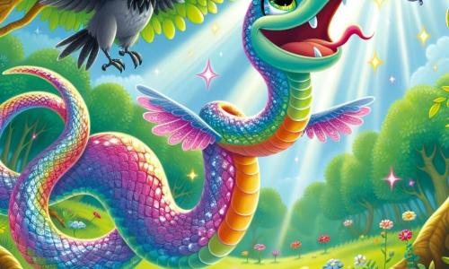 Um serpente colorido chamado Serpentino, com escamas brilhantes de todas as cores do arco-íris, desliza alegremente pelo ar, com um grande sorriso no rosto e os olhos brilhando de excitação e felicidade. Ele tem pequenas asas cintilantes que brilham ao sol e faz acrobacias sobre uma floresta verdejante. Perto dele, uma velha corvo sábio, com penas cinzas e um olhar penetrante, observa Serpentino com um sorriso benevolente, empoleirada em um galho. Ela está cercada por flores coloridas que dançam suavemente com o vento. O lugar é uma clareira ensolarada, cheia de flores vibrantes e árvores majestosas, onde a luz filtra através das folhas, criando um jogo de sombras e luzes no chão. A cena principal mostra Serpentino voando alegremente, realizando seu sonho de voar, enquanto o corvo o encoraja com uma expressão de orgulho, simbolizando a magia da autoconfiança e da amizade.