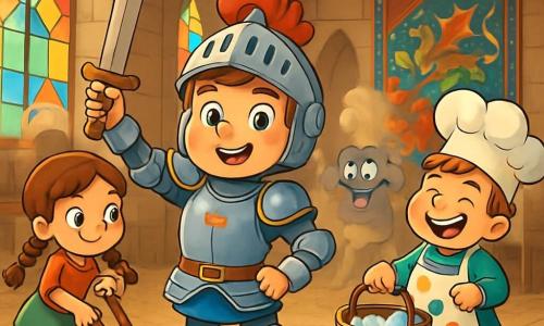 Een jonge ridder, Jonkheer Lodewijk, 8 jaar oud, staat trots in het midden van de grote zaal van het kasteel. Hij draagt een glanzende harnas, versierd met gouden motieven, en een kleine helm die hem dapper doet lijken. Zijn gezicht straalt van een brede glimlach, die zijn vastberadenheid en vreugde toont. Naast hem staat Mila, een 7-jarig meisje, een briljante ruiter met vlechten en een ondeugende blik. Ze houdt een bezem vast, klaar om hem te helpen de zaal schoon te maken. Gijsbert, een 8-jarige jongen, is een grappige kok met een kleurr apron en een chef-koks hoed, lachend terwijl hij een emmer met zeepwater vasthoudt. De grote zaal van het kasteel is majestueus, met hoge houten plafonds, glas-in-loodramen die gekleurd licht binnenlaten, en muren versierd met wandtapijten die verhalen vertellen van draken en ridders. De vloer is bedekt met stro en stof, getuigend van eerdere festiviteiten. De hoofdscène toont Lodewijk, Mila en Gijsbert die samen aan het vegen en schoonmaken zijn, lachend terwijl ze proberen een grappig Stofmonster te verslaan dat in de lucht zweeft, wat een vrolijke en avontuurlijke sfeer creëert.