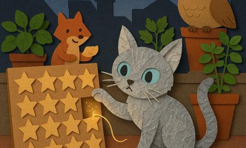 Eine kleine Mondkatze als Hauptfigur, silbrig-graues, zerknittert wirkendes Papierfell, große blassblaue Augen, neugieriger entschlossener Ausdruck, sitzt auf den Hinterbeinen und streckt eine Pfote zu einem dünnen goldenen Lichtfaden. Ein Kartonkalender mit dreißig Sternumschlägen neben der Katze, einer offen, aus dem ein funkelnder goldener Faden kommt. Eine kleine Schale mit glänzenden braunen Datteln im Vordergrund, eine leicht angebissene. Im Hintergrund zwei Nachbarn: eine runde hellbraune Papier-Eule mit aufmerksamen Augen auf einem Pflanzkasten und ein kleiner rote Papierfuchs, der lächelt und ein Fladenbrot hält, etwas links von der Katze. Schauplatz: ein städtischer Dachgarten aus Papierschnitt, Töpfe mit grünem Basilikum und Minze, eine Lichterkette mit warmen gelben Lichtern, stilisierte Schornsteine und ein indigo-dämmernder Himmel mit silbernen ausgeschnittenen Sternen. Situation: Die Katze entdeckt, dass der Abendumschlag nur einen Lichtfaden enthält und folgt ihm neugierig, während Nachbarn und Dachgarten eine warme gemeinsame Iftar-Vorbereitungsatmosphäre schaffen.