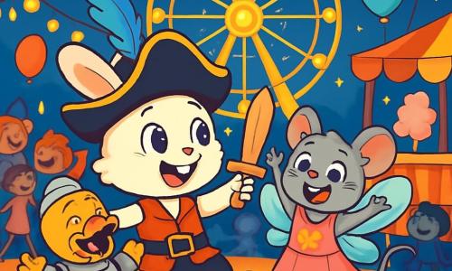 Un pequeño conejo blanco con grandes orejas, llamado Tito, lleva un disfraz de pirata con un sombrero adornado con una pluma azul. Tiene una mirada maravillada y alegre, sosteniendo una espada de cartón, mientras baila en medio de una multitud animada. A su lado, una ratoncita llamada Lila, vestida con un traje de heroína y alas brillantes, sonríe con entusiasmo, levantando los brazos al aire. Un pato regordete, disfrazado de robot, hace movimientos cómicos, riendo a carcajadas. El escenario es un parque de carnaval vibrante, lleno de banderines coloridos, globos flotantes y puestos de golosinas, donde luces brillan en la noche. En el centro, una gran noria iluminada gira lentamente, añadiendo a la atmósfera festiva. La escena captura la emoción y la magia del carnaval, con niños y animales disfrazados que bailan y se divierten juntos, creando un ambiente alegre y lleno de vida.