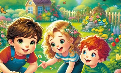In een zonnige tuin zijn drie kinderen bij elkaar. Sam, een 7-jarig jongetje met rommelig kastanjebruin haar en sprankelende ogen, zit nieuwsgierig bij een bosje gele bloemen. Lotte, een 6-jarig meisje met gouden krullen en een stralende lach, staat naast hem en wijst vrolijk naar het bosje. Bram, een 8-jarige jongen met een rossige haardos en sproeten, staat iets verder weg met een grote rode bal, met een vrolijke uitdrukking op zijn gezicht. De tuin is vol met kleurrijke bloemen, fladderende vlinders en groene bomen. Op de achtergrond voegt een klein houten huisje een vleugje magie toe aan dit lentefeest. De kinderen zijn op zoek naar een speciaal paasei dat ze net tussen de bloemen hebben ontdekt. Sam, Lotte en Bram zijn allemaal opgewonden en klaar om hun vondst te vieren met gelach en blije dansjes.