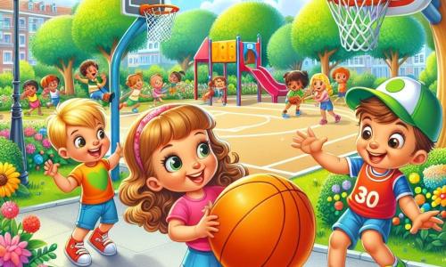 Una bambina di 2 anni, Sofia, con grandi occhi brillanti e capelli ricci, indossa una maglietta rosa e pantaloni corti blu. Sorride felicemente mentre tiene in mano una grande palla da basket arancione, pronta a giocare. Accanto a lei, un bambino di 3 anni, Luca, con capelli biondi e un cappellino verde, ride alzando le braccia, entusiasta di giocare a basket. Un po' più in là, un bambino di 6 anni, Marco, con capelli castani e una maglietta da basket rossa, fa un gesto di lancio con un grande sorriso, pronto a insegnare qualcosa di speciale. Il luogo è un parco soleggiato, con alberi verdi, un'area giochi colorata e un grande campo da basket in cemento. Fiori colorati costeggiano il sentiero, e i bambini giocano felicemente intorno. La situazione principale mostra Sofia e Luca che giocano a basket, con Sofia pronta a lanciare la palla verso il canestro, mentre Marco li incoraggia con un grande sorriso. L'atmosfera è piena di gioia e amicizia, catturando lo spirito del gioco e della camaraderie.