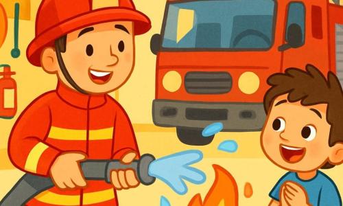 Un giovane pompiere, Marco, un uomo sorridente con un'uniforme rosso vivo, un casco lucido e occhi brillanti di entusiasmo, sta orgogliosamente accanto al suo camion dei pompieri. Accanto a lui, un ragazzo di 8 anni di nome Luca, con capelli castani disordinati e una maglietta blu, guarda Marco con ammirazione, gli occhi spalancati e un sorriso stupito. La scena si svolge in una caserma dei pompieri luminosa, con muri gialli e attrezzi di soccorso ben ordinati. Sullo sfondo si può vedere un grande camion dei pompieri rosso, con luci lampeggianti e un'asta estesa. La situazione principale mostra Marco che spiega a Luca come usa un grande tubo per spegnere un piccolo fuoco in un braciere, con fiamme arancioni e gialle che danzano allegramente, mentre gocce d'acqua scintillano nell'aria.