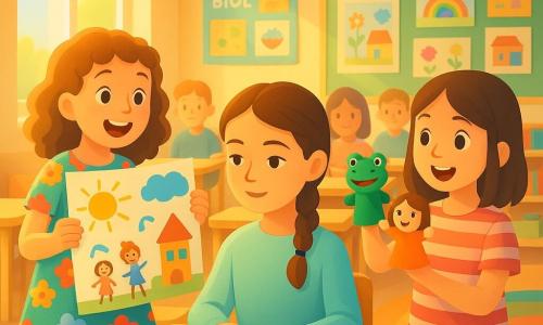 Ci sono tre bambine di 9 anni: Marta, capelli castani raccolti in una treccia, maglione pastello pulito, seduta al centro a un piccolo banco che mostra un quaderno ordinato con appunti leggibili; Sofia, capelli castani chiari e ricci, vestito vivace a fiori, che espone grandi disegni colorati verso sinistra con postura espressiva e sorriso; Lucia, capelli lisci castani, maglietta a righe, in piedi a destra che anima una scena gioiosa con due piccole marionette di stoffa nella mano destra. Ambientazione: aula luminosa con grandi finestre, pareti coperte di poster e disegni, arredi in legno chiaro e tappeto multicolore; situazione: le tre presentano i loro metodi di apprendimento davanti alla classe, composizione centrata su di loro e sullo sfondo compagni sfocati che guardano interessati.