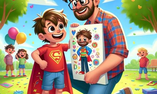 Un bambino di 5 anni, di nome Luca, con capelli castani arruffati e occhi brillanti di gioia, è in piedi in un parco soleggiato, tenendo un grande cartellone colorato che ha decorato per la festa del papà. Indossa una maglietta rossa con un disegno di supereroe e un pantaloncino blu, e sorride ampiamente, traboccante di eccitazione e orgoglio. Accanto a lui c'è un uomo di circa 35 anni, suo padre, con barba bruna e occhiali, che guarda il disegno con meraviglia. Indossa una camicia a quadri e jeans, e si accovaccia per essere all'altezza del figlio, un sorriso caloroso illumina il suo viso. Il parco è pieno di colori vivaci, con alberi verdi, fiori brillanti e palloncini che fluttuano nell'aria. Sullo sfondo, i bambini giocano felicemente, e un grande striscione annuncia la festa del papà. La scena principale mostra Luca, raggiante di felicità, che presenta orgogliosamente la sua opera al padre, che è commosso da questo gesto d'amore. I due personaggi condividono un momento tenero e gioioso, circondati dall'atmosfera festosa del parco.