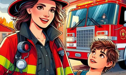 Una donna pompiera, Isabella, si erge orgogliosa davanti a un grande camion dei pompieri rosso brillante. Indossa un'uniforme rossa e nera, con un casco da pompiere in testa, e il suo viso trasmette entusiasmo e determinazione. Accanto a lei, un giovane ragazzo di nome Karim, di circa 8 anni, osserva con ammirazione. Ha i capelli castani disordinati e indossa una maglietta blu con un disegno di supereroe. È leggermente in disparte, con gli occhi spalancati, affascinato dal mondo dei pompieri. Sullo sfondo si vede la caserma dei pompieri, con i muri in mattoni rossi e una grande porta aperta che lascia intravedere attrezzature di soccorso. Il cielo è blu e soleggiato, aggiungendo un'atmosfera gioiosa alla scena. Isabella spiega ai bambini l'importanza del suo lavoro, mentre Karim la ascolta attentamente, sognando di diventare pompiero un giorno.