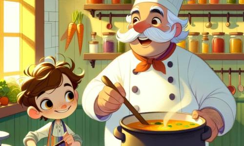 Chef Karel is een joviale man van ongeveer vijftig jaar, met een grote witte snor en sprankelende ogen vol vreugde. Hij draagt een grote witte koksmuts en een kleurr apron vol voedselvlekken, terwijl hij een grote pan soep op het vuur roert, met een brede glimlach op zijn gezicht die zijn enthousiasme voor koken toont. Naast hem staat Tim, een 8-jarig jongetje met rommelig bruin haar en nieuwsgierige ogen. Hij draagt een klein schort en snijdt voorzichtig een wortel, terwijl hij Karel bewonderend aankijkt. De scène speelt zich af in een warme en gastvrije keuken, met pastelgele muren, planken vol kleurrijke specerijpotten en verse groenten op het houten aanrecht. Het zonlicht valt door het raam en verlicht de kamer met een zachte gloed. In deze hoofdscène bereiden Chef Karel en Tim samen een magische soep vol kleuren, terwijl ze vrolijk de groenten in de grote pan mengen en de heerlijke geur de lucht vul, wat een sfeer van geluk en saamhorigheid creëert.
