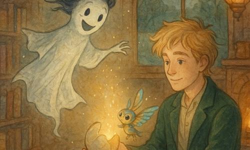 Un fantasma chiamato Ombra, etereo e benevolo, con una veste di pagine spiegazzate e capelli come filamenti d'inchiostro, gioioso e stupito, fluttua vicino al fuoco soffiando scintille luminose su un piccolo uovo incrinato; Elia, ragazzo di circa 16 anni, bibliotecario dai capelli scompigliati color grano e con una giacca di velluto verde abete, è seduto accanto al camino con le mani protettive intorno all'uovo e il volto dolce e commosso; il dracofolletto, minuscola creatura dalle piume iridescenti e grandi occhi rotondi, esce dall'uovo tintinnando e brilla di riflessi dorati e turchesi sulle mani di Elia; la scena si svolge all'interno di una biblioteca ambulante in legno lucidato, con scaffali curvi pieni di libri colorati, tappeti persiani consumati, lampade a olio che diffondono aloni caldi e una grande finestra rotonda che apre su un lago argentato e salici; momento della schiusa: l'uovo si fende e una luce dorata esplode, tutti guardano meravigliati in un'atmosfera tenera, magica e calda, toni acquerellati morbidi e dettagli in penna gel bianca sui riflessi e le piume.