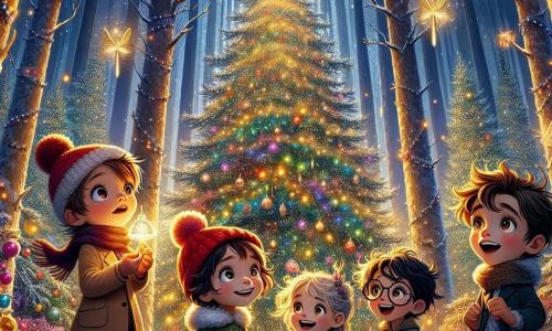 In una foresta incantata, quattro bambini si trovano insieme ai piedi di un grande albero di Natale scintillante. **Luca**, un ragazzo di dieci anni con capelli castani disordinati e occhi curiosi, tiene in mano una piccola campanella d'argento, sorridendo meravigliato. **Anna**, una ragazza intraprendente di dieci anni con capelli biondi intrecciati e un berretto rosso, è a sinistra di Luca, con le braccia alzate in segno di eccitazione. **Marco**, un ragazzo di dieci anni con capelli castani e occhiali rotondi, si trova leggermente indietro a destra di Luca, con un'espressione pensierosa mentre osserva le decorazioni dell'albero. **Giulia**, una ragazza di nove anni con capelli neri ricci, è seduta su un ramo basso dell'albero, ridendo gioiosamente. Il luogo è un boschetto magico, con alberi coperti di neve scintillante e lucciole che illuminano l'aria con una dolce luce dorata. L'albero di Natale è maestoso, decorato con ghirlande colorate e ornamenti brillanti, creando un'atmosfera fiabesca. I bambini scoprono la magia del Natale, uniti nell'incanto, mentre si preparano ad appendere un ornamento fatto a mano sull'albero, simbolo della loro amicizia e spirito di condivisione.