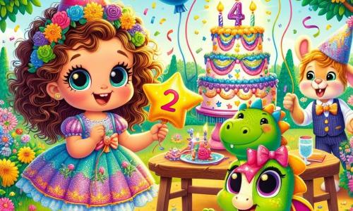 Una niña de 2 años, llamada Sofi, con grandes ojos brillantes y cabello rizado, lleva un vestido colorido y un sombrero de fiesta. Sonríe con asombro mientras sostiene un globo en forma de estrella. A su lado, un adorable dragón verde con escamas brillantes baila alegremente, con sus pequeñas alas extendidas. Un poco más lejos, un conejo vestido con un sombrero de copa, que parece tener unos 5 años, sostiene globos multicolores y sonríe mirando a Sofi. La escena tiene lugar en un jardín soleado, lleno de flores brillantes y guirnaldas coloridas colgadas de los árboles. Un gran pastel de cumpleaños, decorado con velas y purpurina, se encuentra en una mesa de madera adornada con manteles festivos. Sofi y sus amigos celebran su cumpleaños, rodeados de risas y juegos, mientras una lluvia de confeti colorido cae a su alrededor, creando un ambiente mágico y alegre.