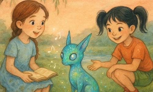 Hay tres personajes: Lucía (10) con trenza suelta castaña, cara redonda y pecas, vestido corto azul cielo con manchas de hierba, sentada a la izquierda en una piedra con una libreta vieja abierta mirando la criatura con asombro; Mara (10) con coletas negras y sonrisa traviesa, short verde y zapatillas rojas, agachada a la derecha extendiendo la mano; y una criatura extraterrestre del tamaño de un gran zorro, piel irisada verde-azul con brillo, ojos nacarados y patas finas, en el centro sobre la hierba emitiendo pequeñas luces. Lugar: un claro junto a un arroyo brillante al crepúsculo, hierba húmeda, piedras con líquenes, un sauce al fondo y cielo naranja-rosa. Situación: encuentro amistoso a la orilla del agua, las niñas cantan y alcanzan a la criatura luminosa mientras notas de luz flotan sobre la libreta; ambiente dulce, curioso y mágico en tonos acuarela.