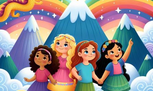 Cuatro chicas, Lila, Sofía, Clara y Valentina, de unos 8 años, están juntas en la cima de una montaña colorida. Lila tiene el cabello rizado y castaño, lleva un vestido rosa y sonríe con entusiasmo. Sofía, con cabello rubio y trenzas, lleva una camiseta azul y mira el cielo con asombro. Clara, de cabello pelirrojo, lleva una falda verde y señala la brillante Flor de la Felicidad. Valentina, con cabello negro y una pequeña corona de flores, lleva un vestido violeta y baila alegremente. La cima de la Montaña de los Sueños está rodeada de nubes multicolores, y en el centro, una hermosa flor dorada irradia luz, simbolizando la alegría y la amistad. Al fondo, un dragón de escamas doradas observa con una sonrisa benevolente, mientras el cielo está salpicado de estrellas brillantes. Las cuatro amigas celebran su victoria tras responder las preguntas del dragón para obtener la Flor de la Felicidad, símbolo de su amistad y valentía.