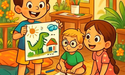 Ci sono 3 personaggi: Matteo, un ragazzo di 8 anni con capelli castani disordinati e occhi vivaci, indossa una maglietta blu con un dinosauro e un pantaloncino giallo. Luca, un ragazzo di 8 anni con capelli biondi corti e occhiali rotondi, indossa una maglietta verde e un pantaloncino rosso, seduto per terra circondato da pastelli colorati mentre disegna un piano per la loro prossima avventura. Giulia, una bambina di 5 anni con lunghi capelli castani intrecciati e occhi curiosi, indossa un vestito rosa a pois bianchi, accovacciata accanto a Matteo mentre osserva con meraviglia il disegno che tiene. La scena si svolge nella veranda soleggiata della casa, circondata da fiori colorati e piante verdi, con la luce del sole che filtra tra le foglie creando ombre danzanti sul pavimento in legno. I bambini stanno preparando la loro grande avventura estiva, circondati da disegni, pastelli e risate, pieni di entusiasmo e creatività, pronti a vivere momenti indimenticabili insieme.